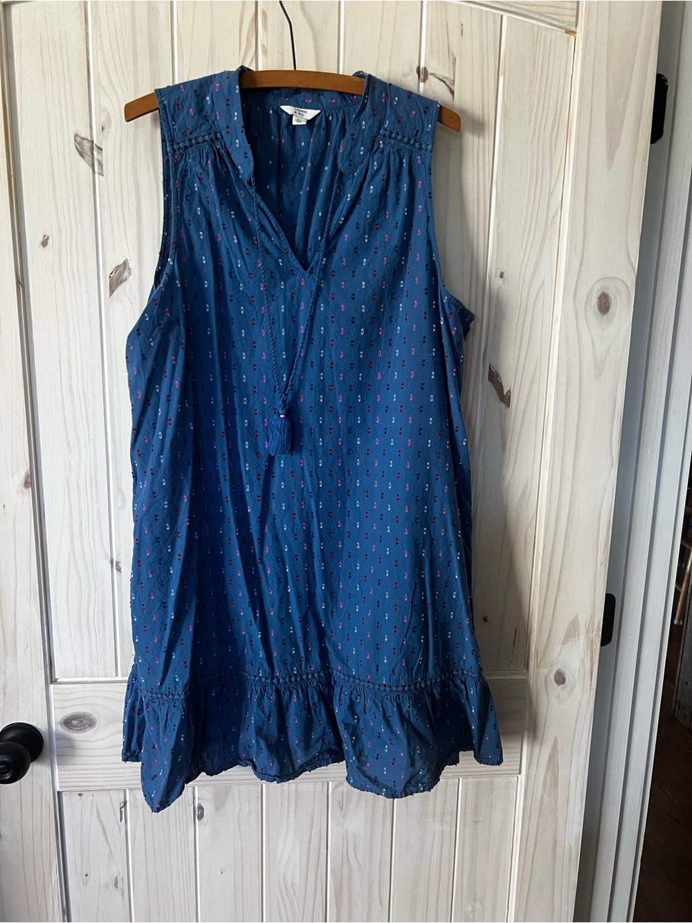 crown & ivy Blue Dress with Red and White Dot Accents